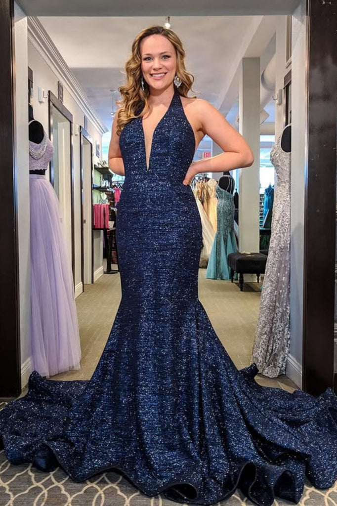 Shiny Halter V Neck Backless Navy Blue Long Prom Dress, Mermaid Navy Blue Formal Dress, Navy Blue Evening Dress A2566
