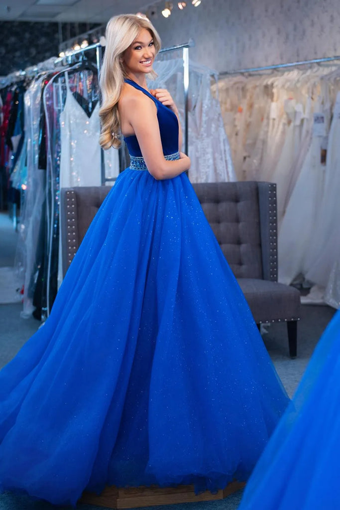 Shiny Halter V Neck Royal Blue Long Prom Dress with Belt, Royal Blue F abcprom Shiny Halter V Neck Royal Blue Long Prom Dress with Belt, Royal Blue F abcprom