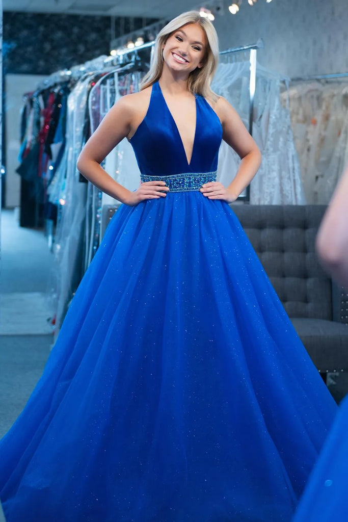 Shiny Halter V Neck Royal Blue Long Prom Dress with Belt, Royal Blue F abcprom Shiny Halter V Neck Royal Blue Long Prom Dress with Belt, Royal Blue F abcprom