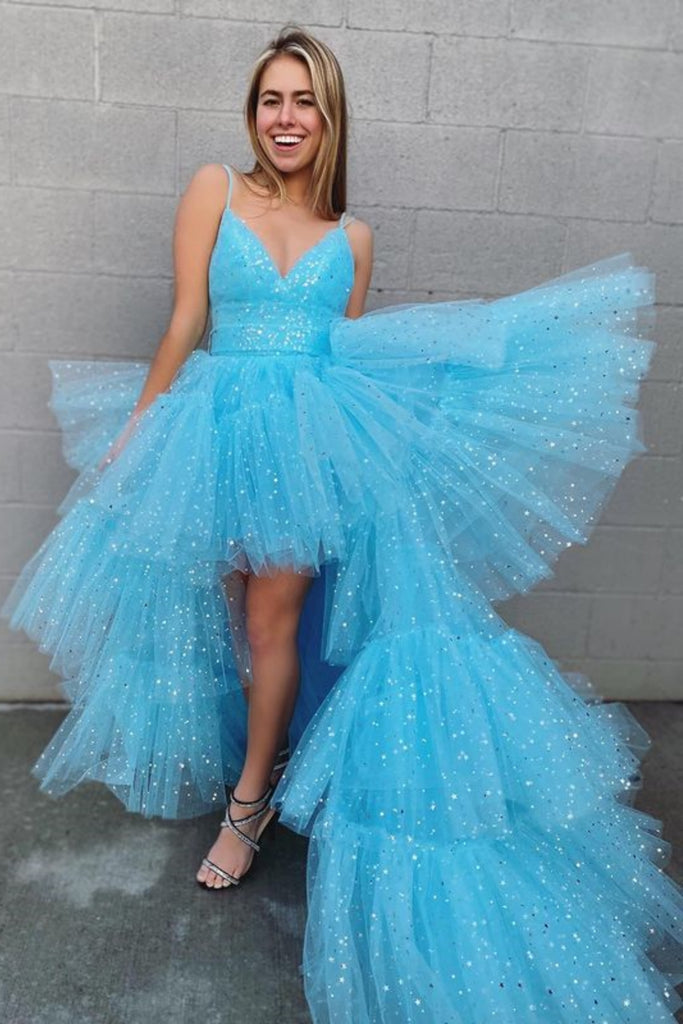 Shiny High Low V Neck Blue Tulle Long Prom Dress, High Low Blue Formal Dress, Blue Tulle Evening Dress A2098