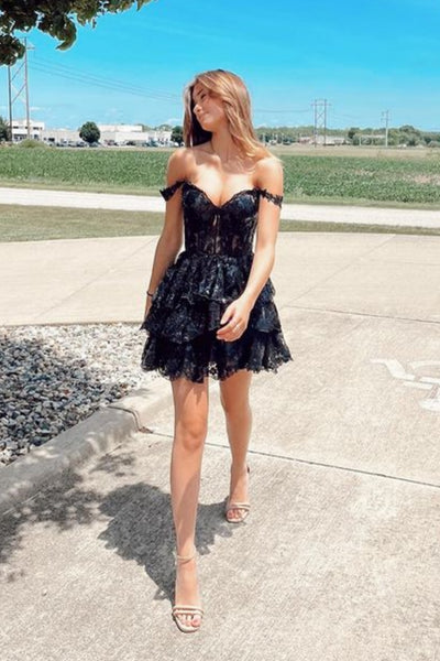 Shiny Off Shoulder Black Lace Short Prom Dress, Black Lace Homecoming Dress, Black Formal Graduation Evening Dress A1937