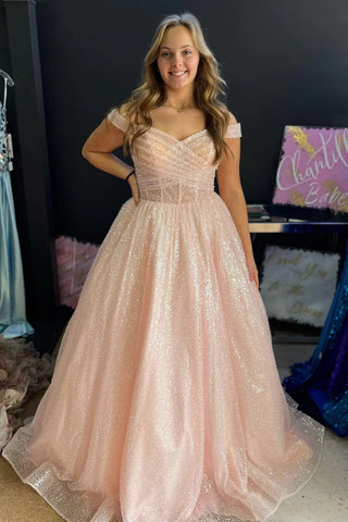Shiny Off Shoulder Pink/White Long Prom Dress, Off the Shoulder Pink/White Formal Graduation Evening Dress A1991