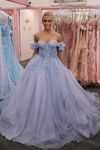 Shiny Off the Shoulder Lilac Lace Long Prom Dress, Lilac Lace Formal Dress, Lilac Evening Dress A2540