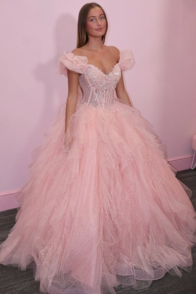 Shiny Off the Shoulder Pink Lace Long Prom Dress, Pink Lace Formal Dress, Pink Tulle Evening Dress A2533