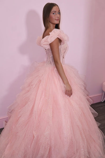 Shiny Off the Shoulder Pink Lace Long Prom Dress, Pink Lace Formal Dress, Pink Tulle Evening Dress A2533