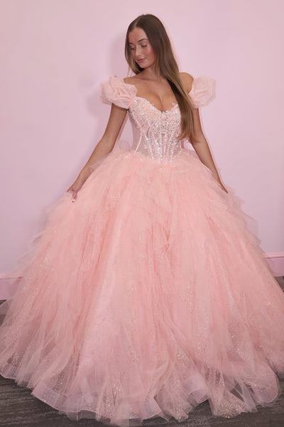 Shiny Off the Shoulder Pink Lace Long Prom Dress, Pink Lace Formal Dress, Pink Tulle Evening Dress A2533