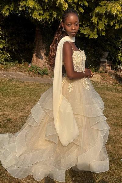 Shiny Open Back Fluffy Champagne Lace Long Prom Dress, Champagne Lace Formal Evening Dress, Champagne Ball Gown A2505