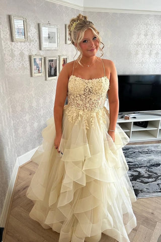 Shiny Open Back Fluffy Champagne Lace Long Prom Dress, Champagne Lace Formal Evening Dress, Champagne Ball Gown A2505