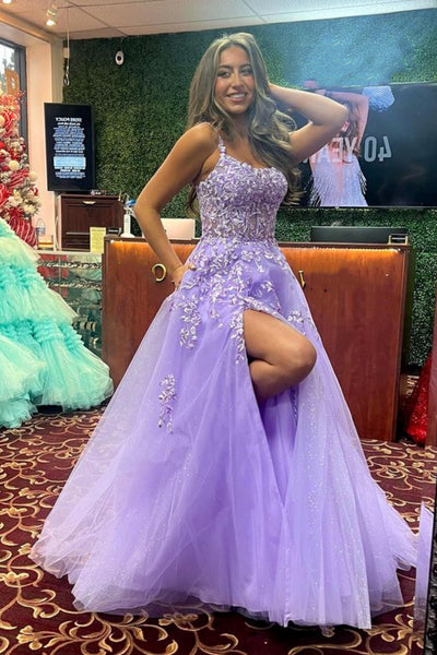 Shiny Purple Lace Long Prom Dress with High Slit, Purple Lace Formal Dress, Purple Evening Dress A2090