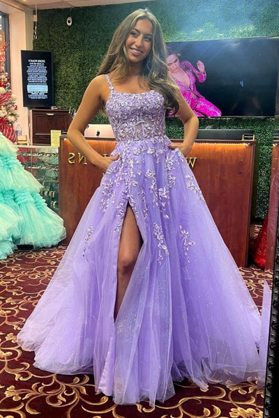 Shiny Purple Lace Long Prom Dress with High Slit, Purple Lace Formal Dress, Purple Evening Dress A2090