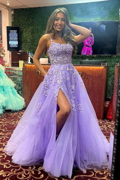 Shiny Purple Lace Long Prom Dress with High Slit, Purple Lace Formal Dress, Purple Evening Dress A2090