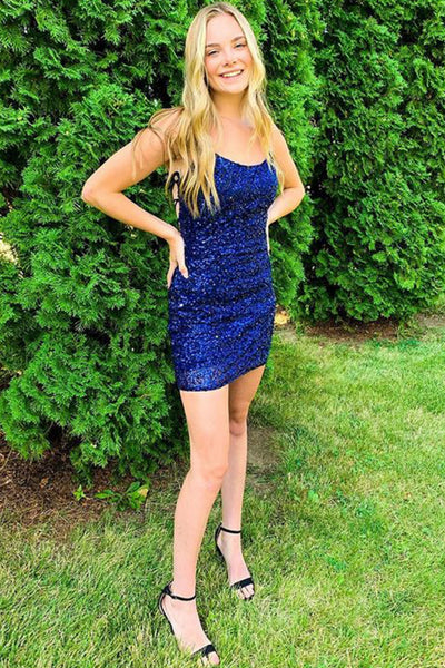 Shiny Sequins Mermaid Backless Blue Short Prom Dress, Mermaid Blue Homecoming Dress A2458