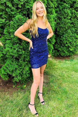 Shiny Sequins Mermaid Backless Blue Short Prom Dress, Mermaid Blue Homecoming Dress A2458