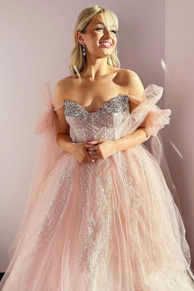 Shiny Sequins Off Shoulder Pink Tulle Long Prom Dress, Off the Shoulder Pink Formal Dress, Pink Tulle Evening Dress A2152