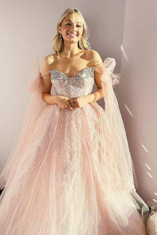 Shiny Sequins Off Shoulder Pink Tulle Long Prom Dress, Off the Shoulder Pink Formal Dress, Pink Tulle Evening Dress A2152
