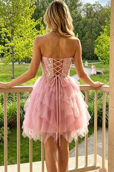 Shiny Sequins Strapless Pink Tulle Short Prom Dress, Pink Homecoming Dress A2608