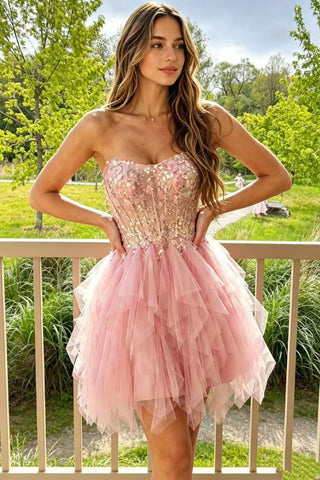 Shiny Sequins Strapless Pink Tulle Short Prom Dress, Pink Homecoming Dress A2608