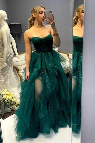 Shiny Strapless High Low Green Tulle Long Prom Dress, High Low Green Formal Dress, Green Evening Dress A2070