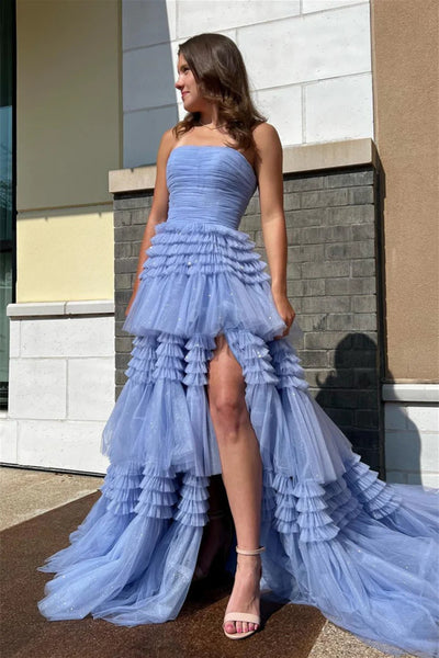 Shiny Strapless High Low Layered Blue Tulle Long Prom Dress, High Low Blue Formal Dress, Blue Evening Dress with High Slit A2113