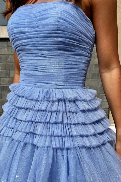Shiny Strapless High Low Layered Blue Tulle Long Prom Dress, High Low Blue Formal Dress, Blue Evening Dress with High Slit A2113