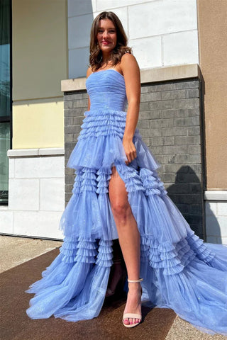 Shiny Strapless High Low Layered Blue Tulle Long Prom Dress, High Low Blue Formal Dress, Blue Evening Dress with High Slit A2113