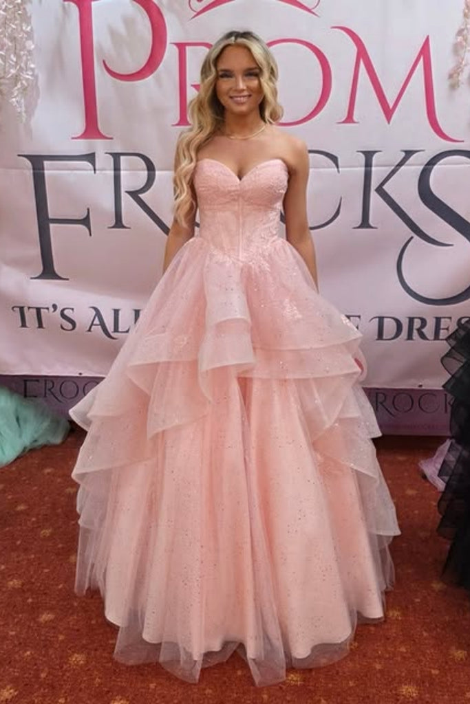Shiny Strapless Pink Tulle Long Prom Dress, Long Pink Formal Graduation Evening Dress A2545