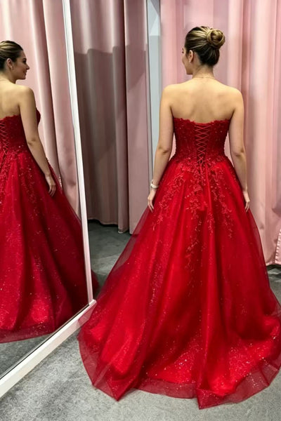 Shiny Strapless Red Lace Long Prom Dress, Sweetheart Neck Red Lace Formal Dress, Red Evening Dress A2621