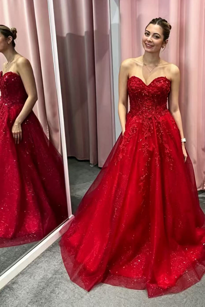 Shiny Strapless Red Lace Long Prom Dress, Sweetheart Neck Red Lace Formal Dress, Red Evening Dress A2621