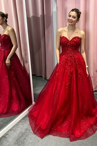Shiny Strapless Red Lace Long Prom Dress, Sweetheart Neck Red Lace Formal Dress, Red Evening Dress A2621
