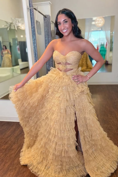 Shiny Strapless Ruffle Champagne Tulle Long Prom Dress with Flowers, Champagne Formal Evening Dress A2318