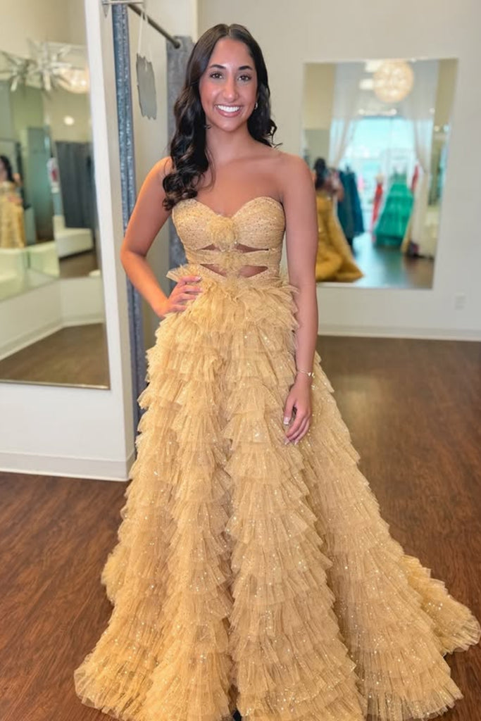 Shiny Strapless Ruffle Champagne Tulle Long Prom Dress with Flowers, Champagne Formal Evening Dress A2318