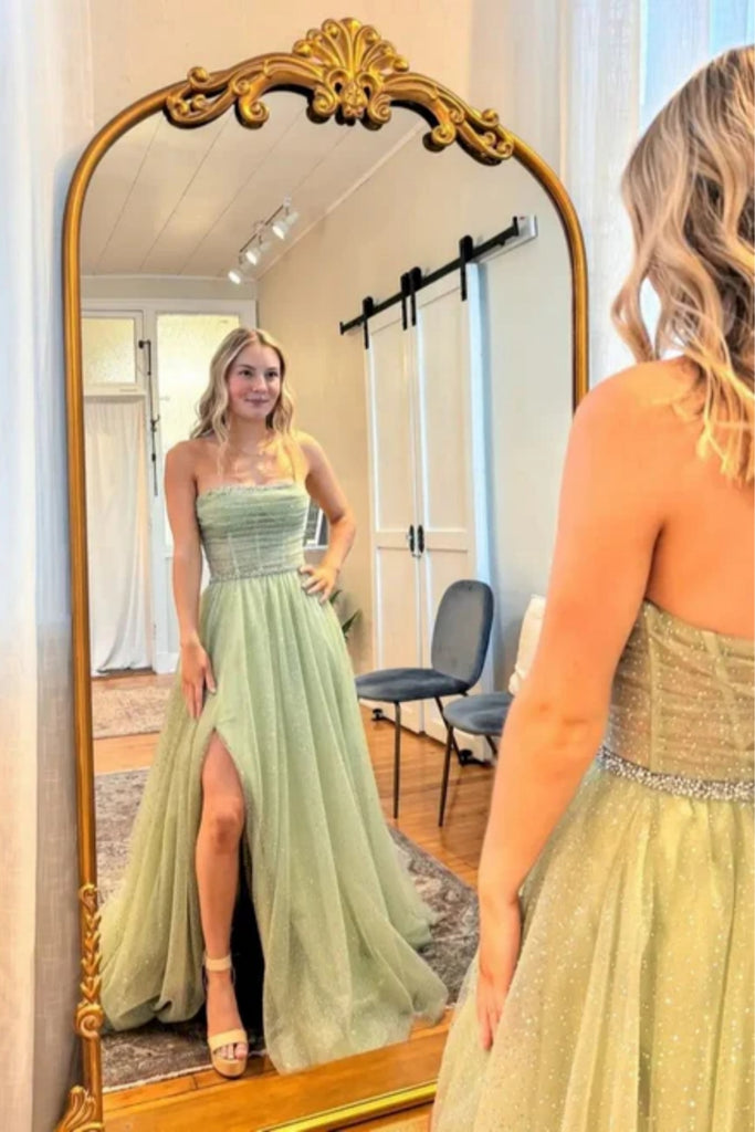 Shiny Strapless Sage Tulle Long Prom Dress with High Slit, Long Sage Formal Graduation Evening Dress A2579