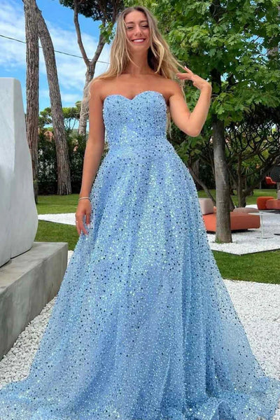 Shiny Strapless Sweetheart Neck Blue Sequins Long Prom Dress, Long Blue Formal Graduation Evening Dress A2380