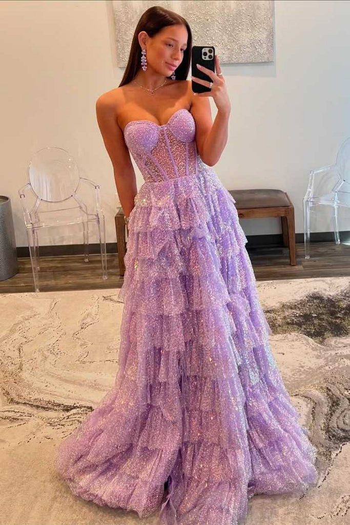 Shiny Strapless Sweetheart Neck Layered Lilac Long Prom Dress, Long Pu abcprom Shiny Strapless Sweetheart Neck Layered Lilac Long Prom Dress, Long Pu abcprom