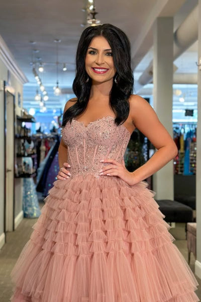 Shiny Sweetheart Neck Ruffle Dusty Pink Lace Long Prom Dress, Strapless Dusty Pink Lace Formal Evening Dress, Ball Gown A2560