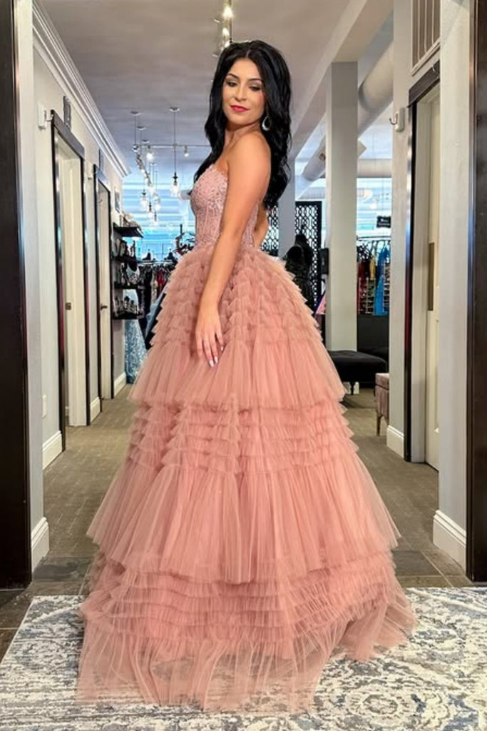 Shiny Sweetheart Neck Ruffle Dusty Pink Lace Long Prom Dress, Straples   abcprom