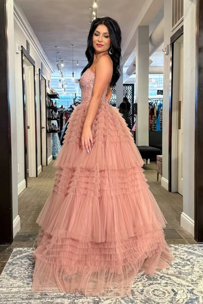 Shiny Sweetheart Neck Ruffle Dusty Pink Lace Long Prom Dress, Strapless Dusty Pink Lace Formal Evening Dress, Ball Gown A2560
