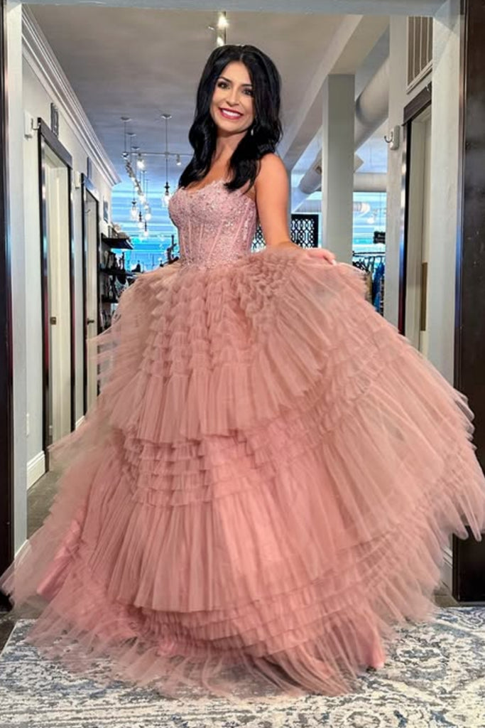 Shiny Sweetheart Neck Ruffle Dusty Pink Lace Long Prom Dress, Straples –  abcprom