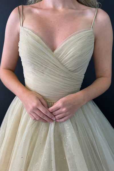 Shiny Tulle A Line V Neck Open Back Beige Long Prom Dress, Beige Tulle Formal Graduation Evening Dress A2306