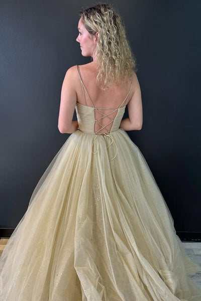 Shiny Tulle A Line V Neck Open Back Beige Long Prom Dress, Beige Tulle Formal Graduation Evening Dress A2306