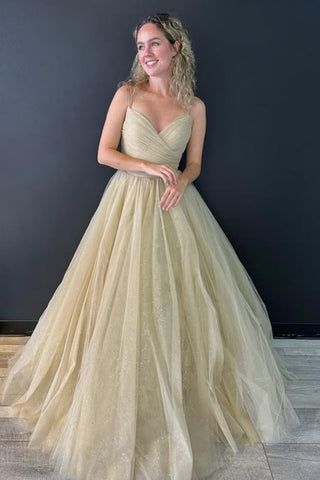 Shiny Tulle A Line V Neck Open Back Beige Long Prom Dress, Beige Tulle Formal Graduation Evening Dress A2306