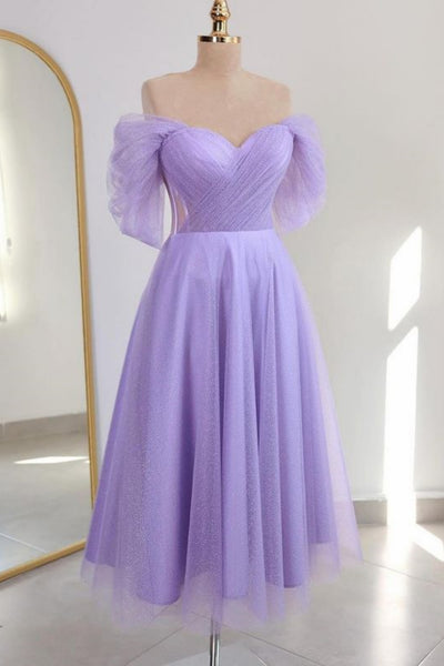 Shiny Tulle Off the Shoulder Light Blue/Lilac Tea Length Prom Dress, Light Blue/Lilac Homecoming Dress, Off Shoulder Formal Graduation Evening Dress A1963