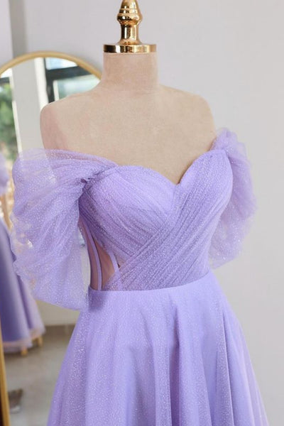 Shiny Tulle Off the Shoulder Light Blue/Lilac Tea Length Prom Dress, Light Blue/Lilac Homecoming Dress, Off Shoulder Formal Graduation Evening Dress A1963
