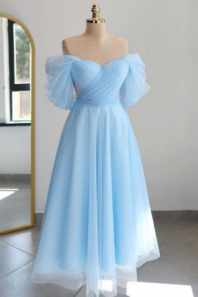 Shiny Tulle Off the Shoulder Light Blue/Lilac Tea Length Prom Dress, Light Blue/Lilac Homecoming Dress, Off Shoulder Formal Graduation Evening Dress ... Shiny Tulle Off the Shoulder Light Blue/Lilac Tea Length Prom Dress, Light Blue/Lilac Homecoming Dress, Off Shoulder Formal Graduation Evening Dress ...