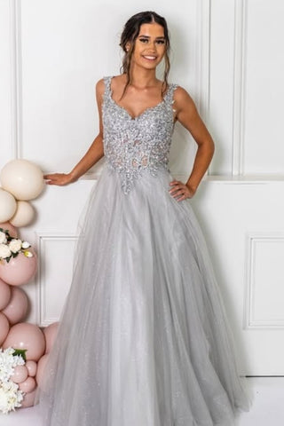 Shiny Tulle V Neck Open Back Gray/Red Lace Long Prom Dress, Gray/Red Lace Formal Graduation Evening Dress A2278