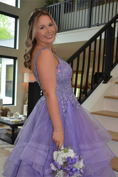 Shiny V Neck Lilac Lace Long Prom Dress, Lilac Lace Formal Evening Dress, Lila Tulle Ball Gown A2310
