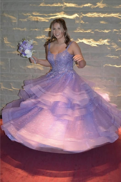 Shiny V Neck Lilac Lace Long Prom Dress, Lilac Lace Formal Evening Dress, Lila Tulle Ball Gown A2310