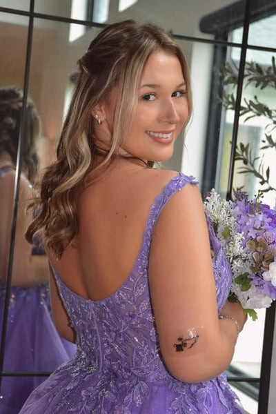 Shiny V Neck Lilac Lace Long Prom Dress, Lilac Lace Formal Evening Dress, Lila Tulle Ball Gown A2310