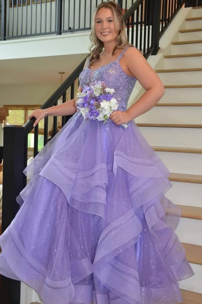 Shiny V Neck Lilac Lace Long Prom Dress, Lilac Lace Formal Evening Dress, Lila Tulle Ball Gown A2310