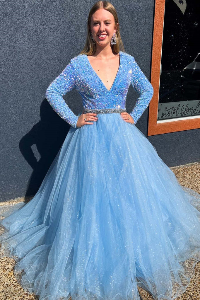 Shiny V Neck Long Sleeves Light Blue Sequins Long Prom Dress with Belt
